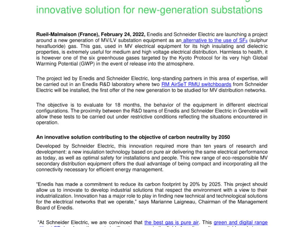 Enedis and Schneider Electric are launching an innovative solution for new-generation substations (.pdf)