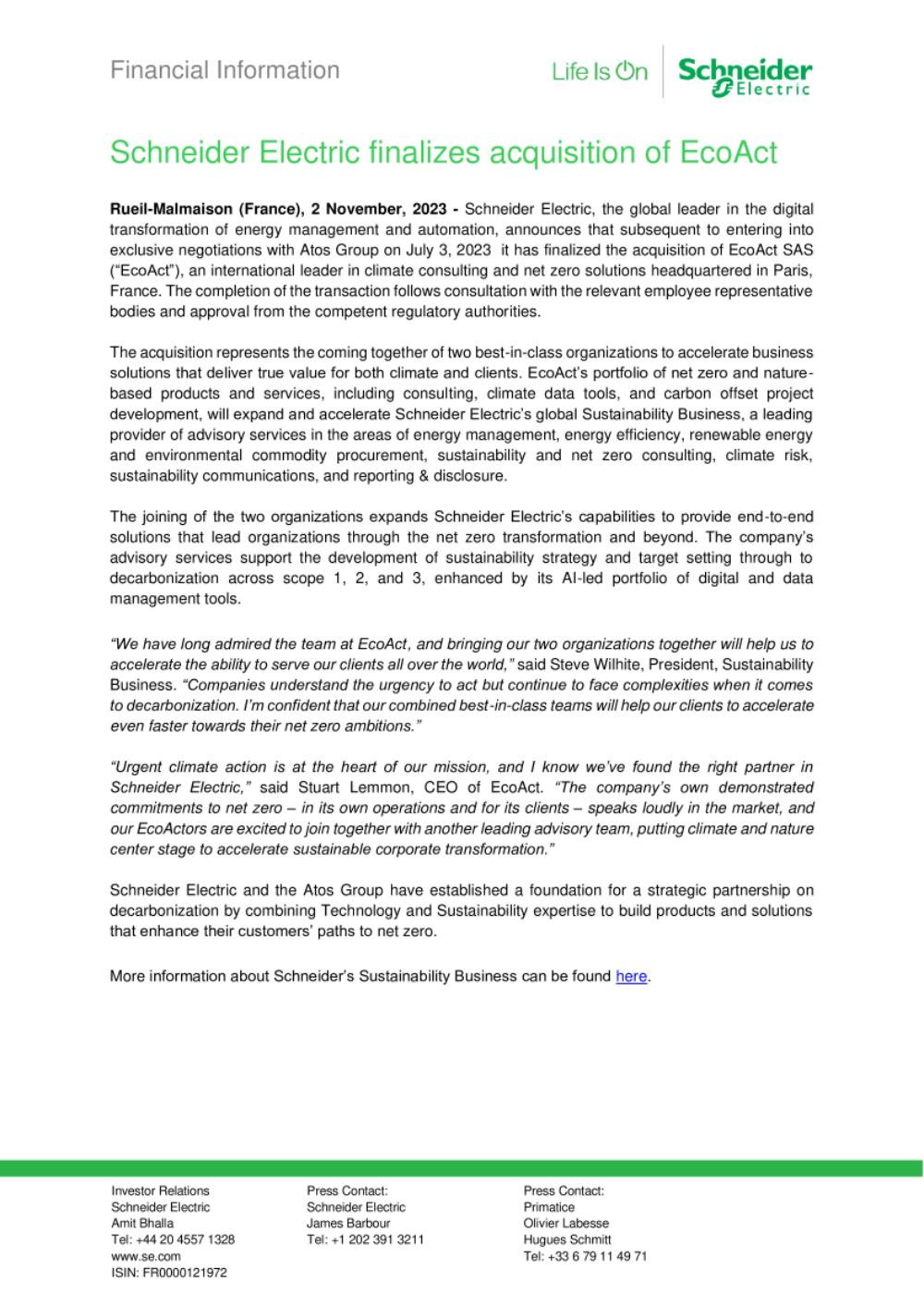 Schneider Electric finalizes acquisition of EcoAct.pdf | Schneider