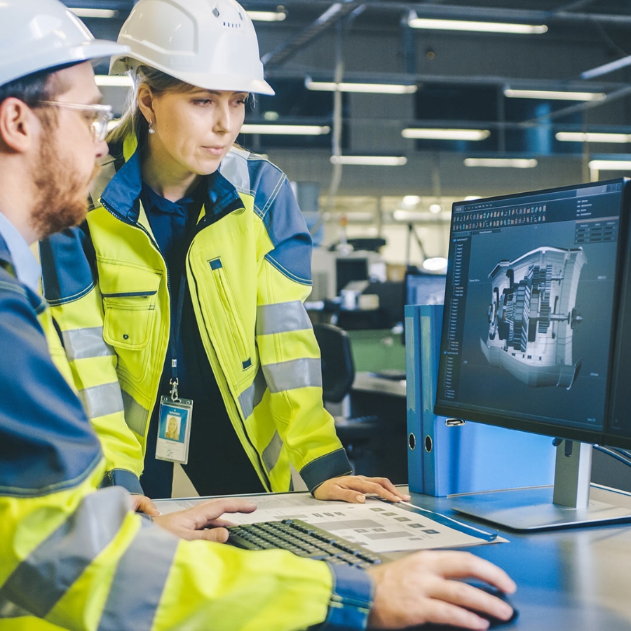 Two engineers in factory are monitoring the system dashboard on their computer screen