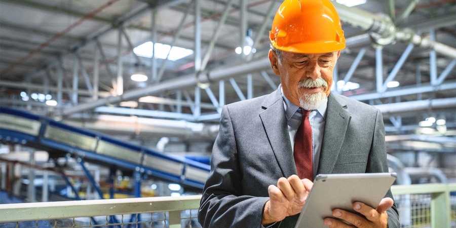 man wearing hardhat using a tablet