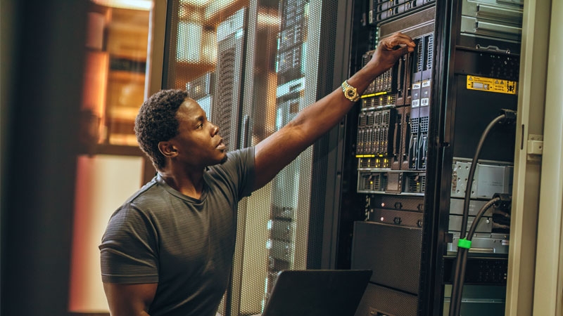 African man manages server